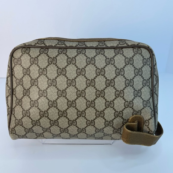 GUCCI Vintage GG Web PVC Canvas Leather Brown Clutch Toiletry Bag - Picture 2 of 12